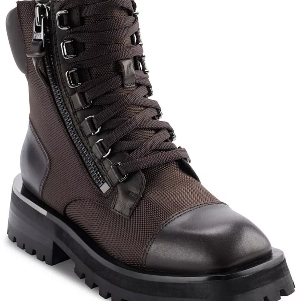 DKNY Womens River Brown Leather/Nylon Lug Sole Boots  7M